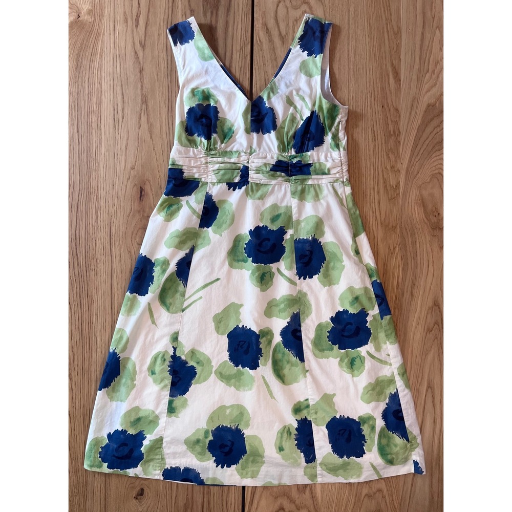 Boden Floral Sleeveless Dress Womens Size 8L White Blue Green Poppy Cottagecore